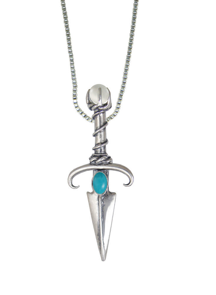 Sterling Silver Black Prince's Knife Dagger Pendant With Turquoise And a Clear Glass Bead